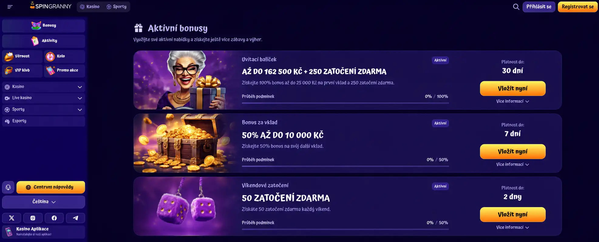 Spingranny bonusová sekce – uvítací balíček a promo kódy