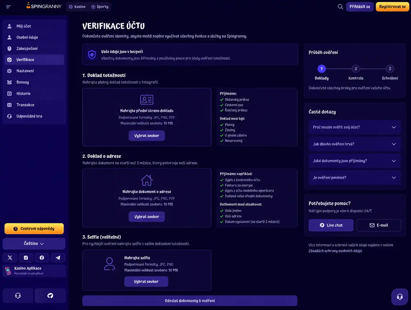 Spingranny KYC ověření – sekce nahrávání dokumentů