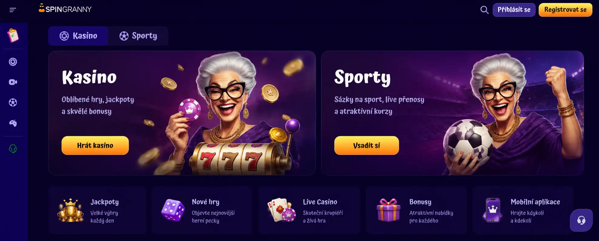 Spingranny lobby – přehled sekcí Kasino a Sporty