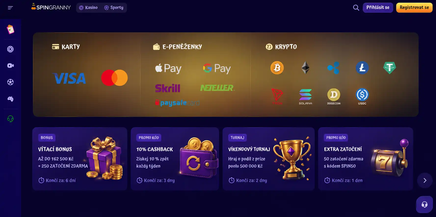 Spingranny platební metody – Visa, Skrill, Paysafecard, crypto