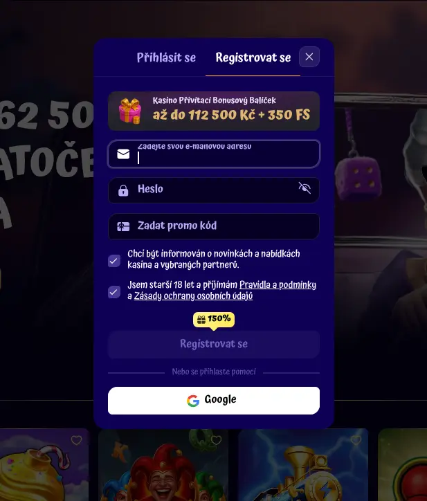Spingranny registrační formulář – kroky vytvoření účtu